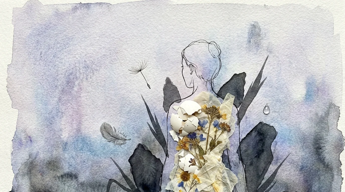 An illustration of a fragile person made of eggshells, with tiny feathers casting giant, threatening shadows.