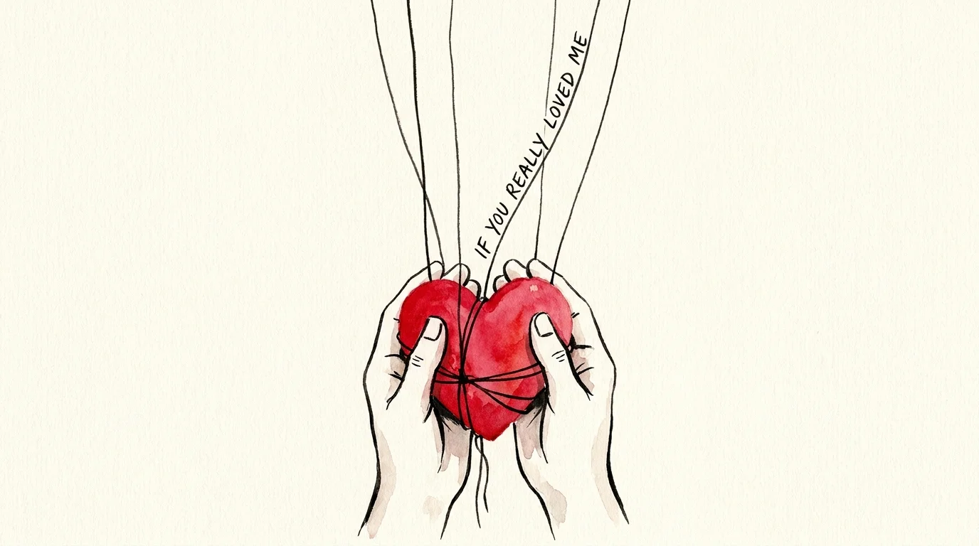 An illustration of a heart with puppet strings attached, representing emotional blackmail in a relationship.