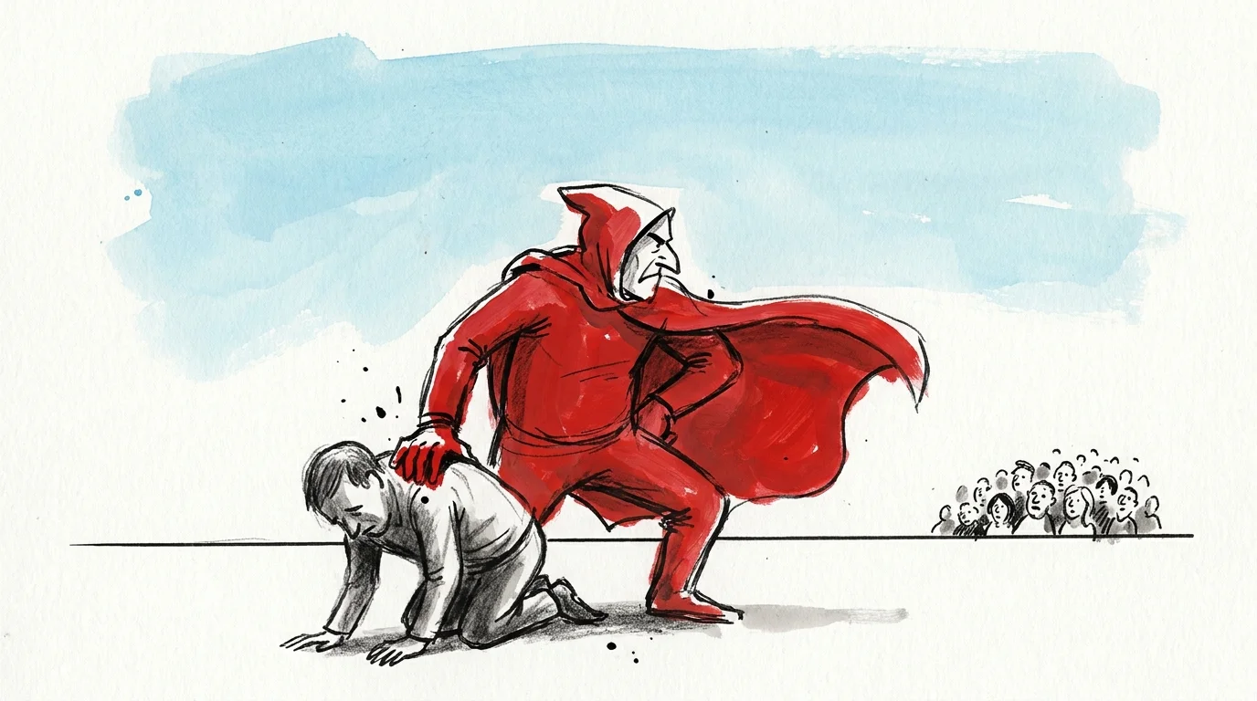 An illustration of a person in a superhero cape 'helping' someone while looking at a crowd for approval.