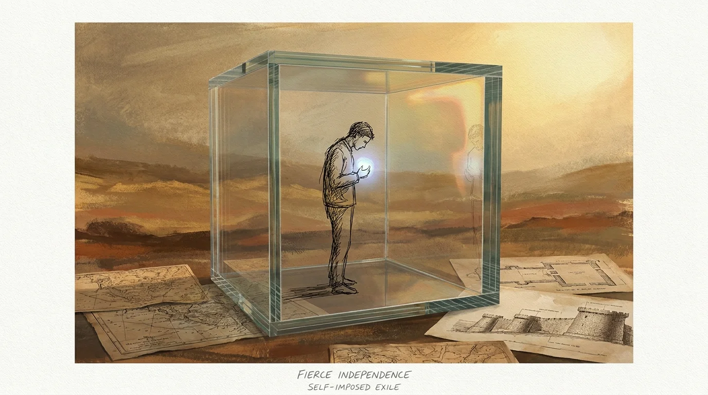 An illustration of a person inside a transparent glass box in a vast landscape, symbolizing emotional self-reliance and withholding.