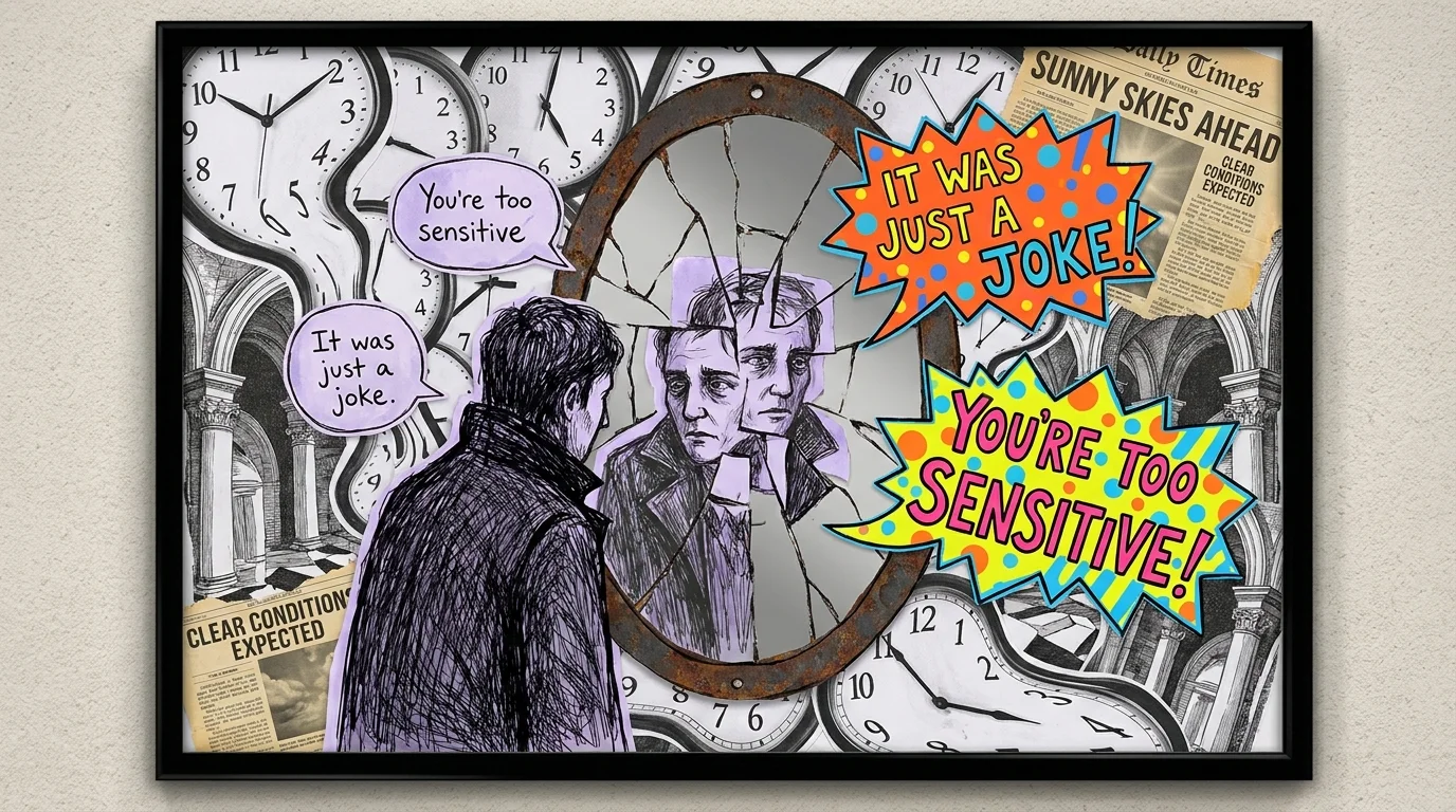 An illustration of a person looking into a warped mirror with speech bubbles saying 'It was just a joke' and 'You're too sensitive'.