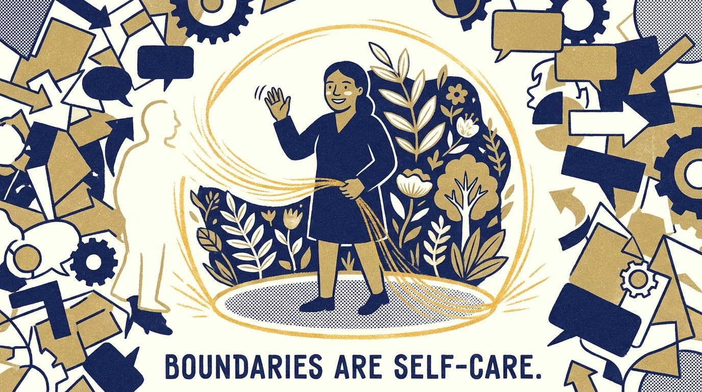 An illustration of a person standing inside a glowing golden circle in a garden, waving kindly to those outside.
