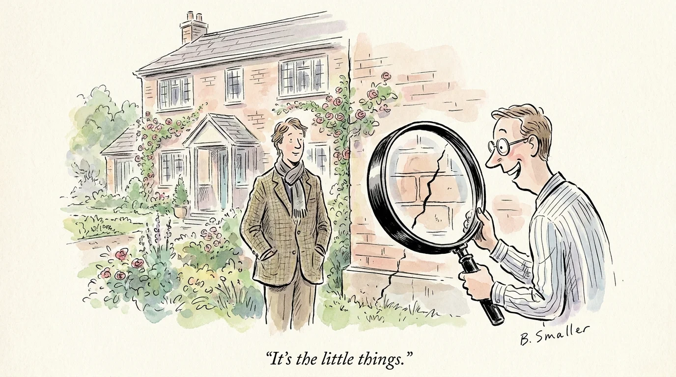 An illustration of a person using a giant magnifying glass to look at a tiny crack in a beautiful house.
