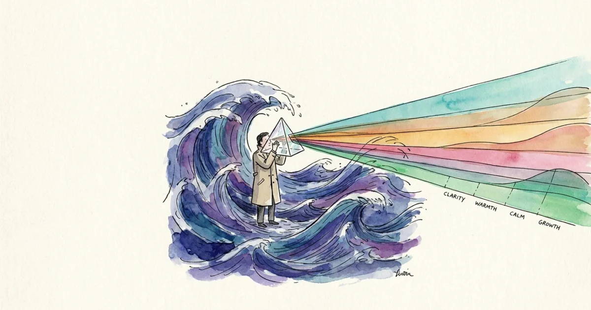 An illustration of a person using a prism to turn a chaotic blue wave into a clear spectrum of distinct colors.