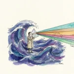 An illustration of a person using a prism to turn a chaotic blue wave into a clear spectrum of distinct colors.