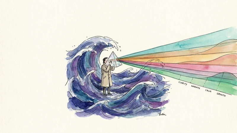 An illustration of a person using a prism to turn a chaotic blue wave into a clear spectrum of distinct colors.