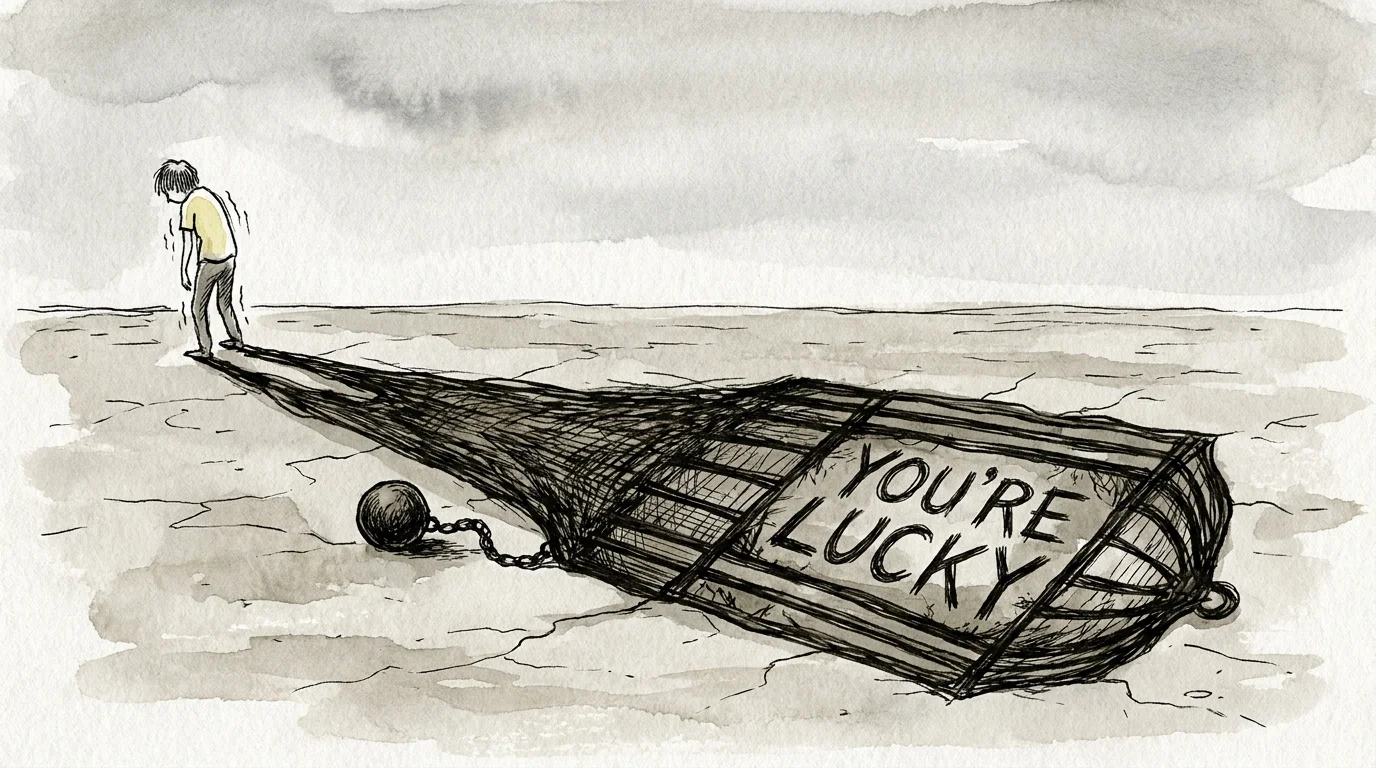 An illustration of a person whose shadow looks like a heavy chain, with the words 'You're lucky' hidden in the dark ink.