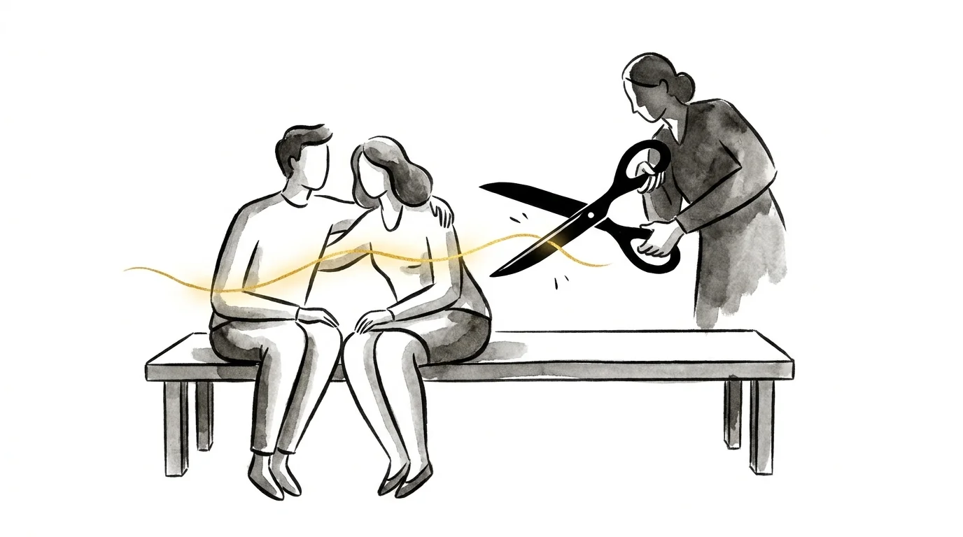 An illustration of a person with scissors about to cut a golden thread connecting two other people.