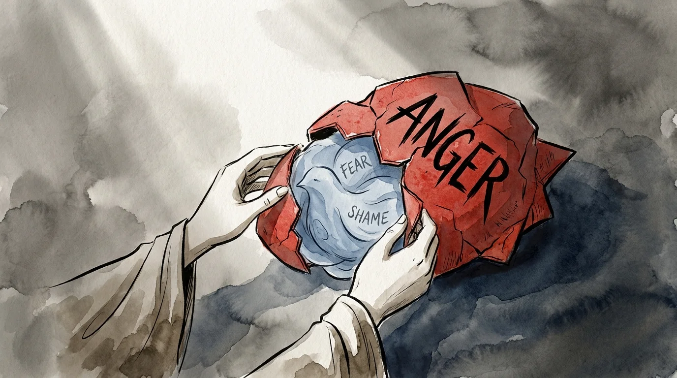 An illustration of a red shell labeled ANGER being peeled away to reveal the words FEAR and SHAME inside.