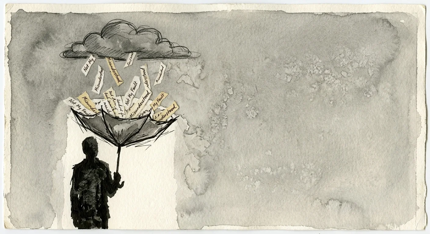 An illustration of a silhouette holding an inverted umbrella, catching paper scraps that say 'Not My Fault'.