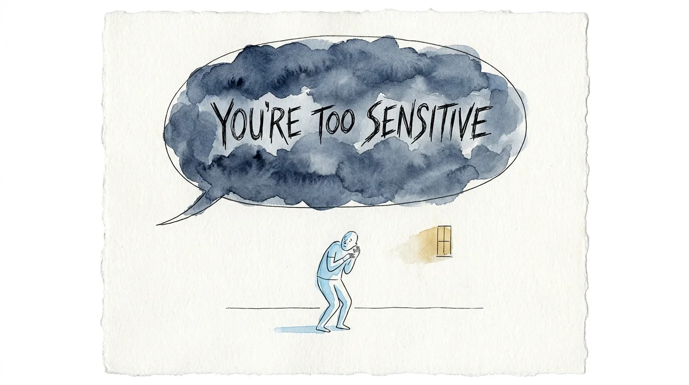 An illustration of a small figure standing beneath a heavy storm cloud containing the words 'You're too sensitive'.