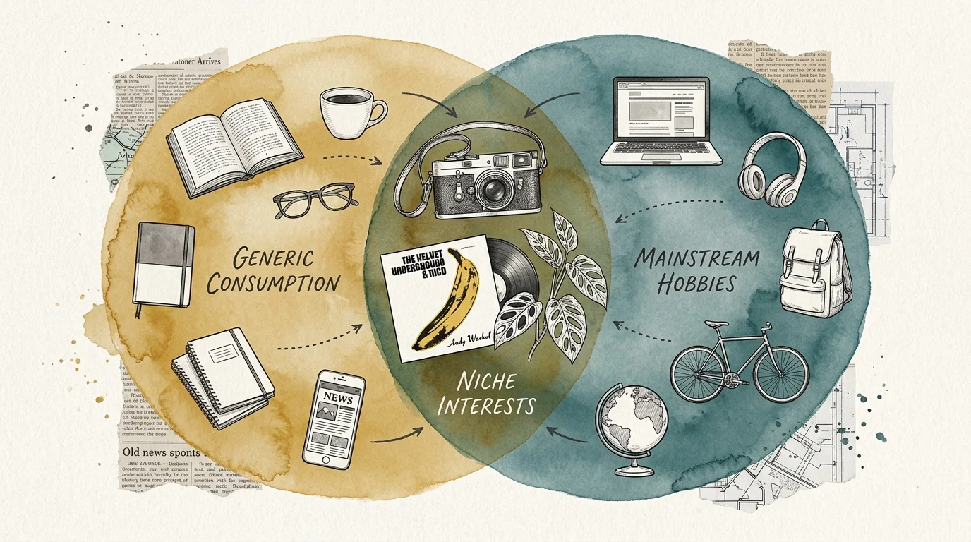 An illustration of a Venn diagram where the overlapping center contains objects like a vintage camera and a vinyl record.