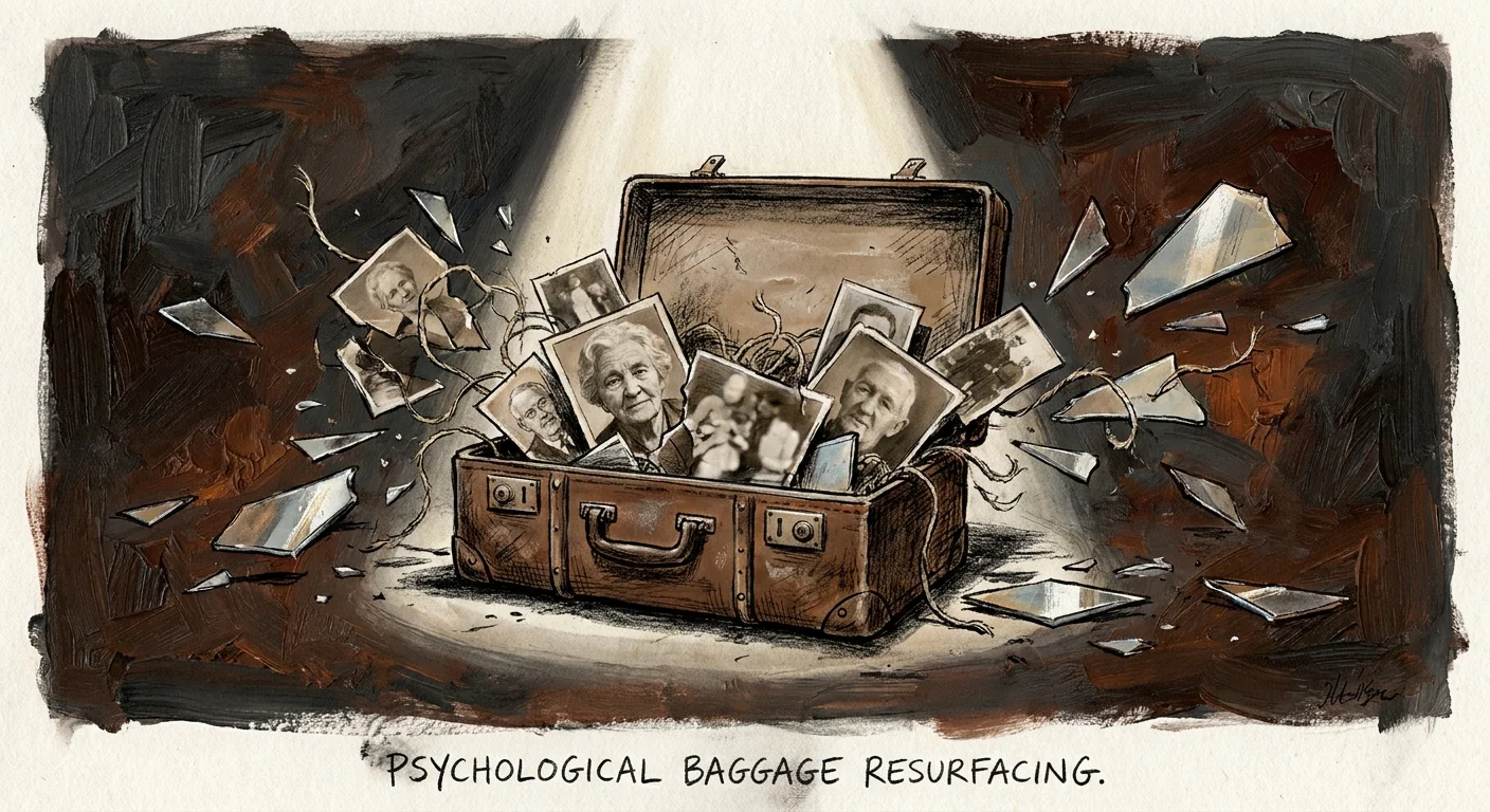 An illustration of a vintage suitcase overflowing with old photos and shards, symbolizing unresolved psychological trauma.