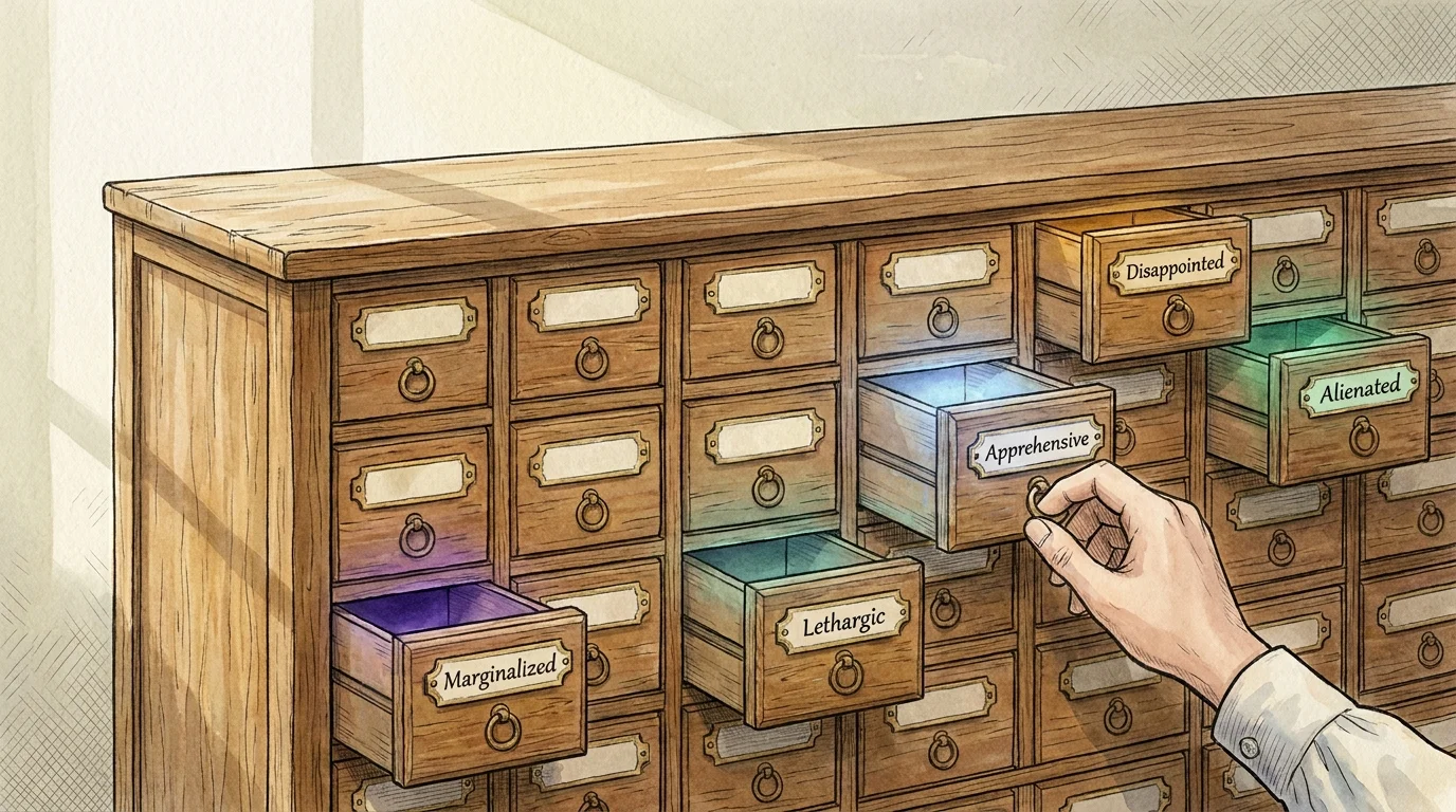 An illustration of an apothecary chest with drawers labeled with specific emotions like Marginalized and Apprehensive.