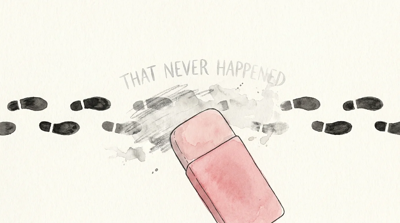 An illustration of an eraser removing footprints, symbolizing the erasure of truth and memory in gaslighting.
