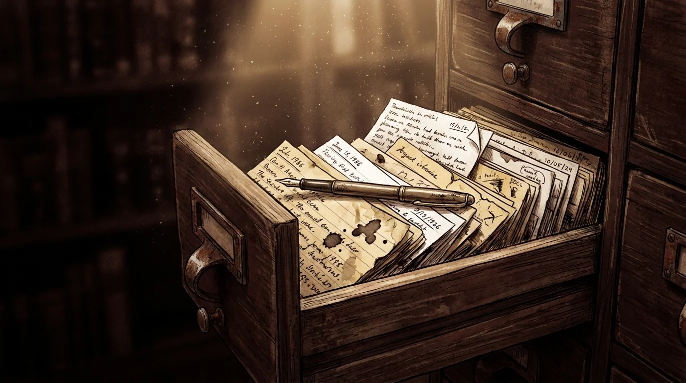 An illustration of an old library drawer filled with meticulously kept cards recording past mistakes and grievances.