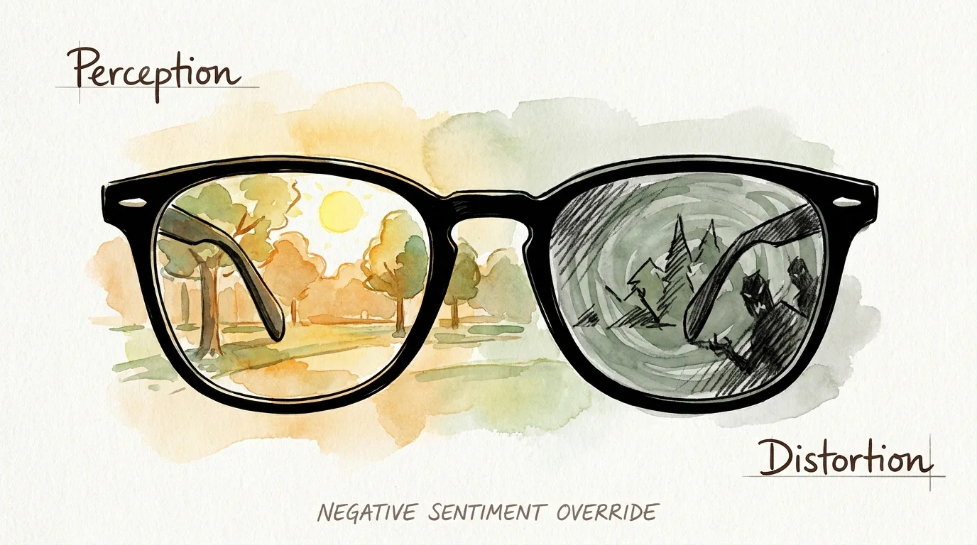 An illustration of glasses where one lens shows a sunny scene and the other distorts it into a dark, gloomy version.