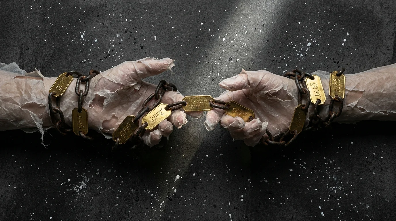 An illustration of hands being pulled apart by a chain made of gift tags, symbolizing the toll of performative kindness.