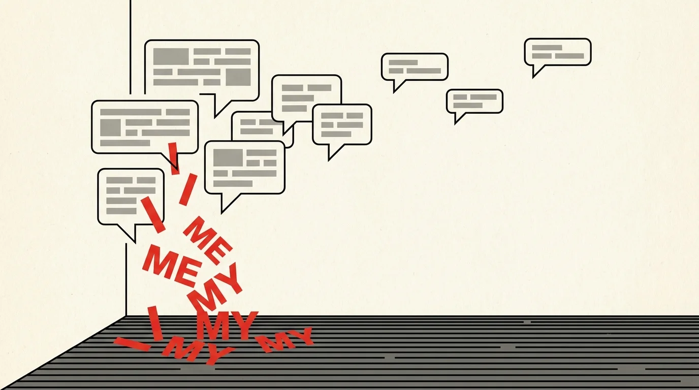 An illustration of pronouns like 'I' and 'My' falling out of speech bubbles and onto the floor.