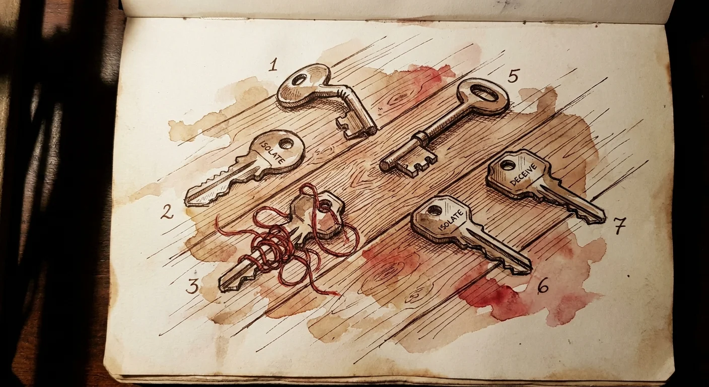 An illustration of seven unique, weathered keys on a wooden table, some of which are broken or knotted, symbolizing the signs of manipulatio