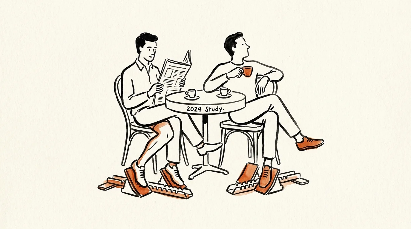 An illustration of two people at a coffee table whose feet are in runner's starting blocks under the table.