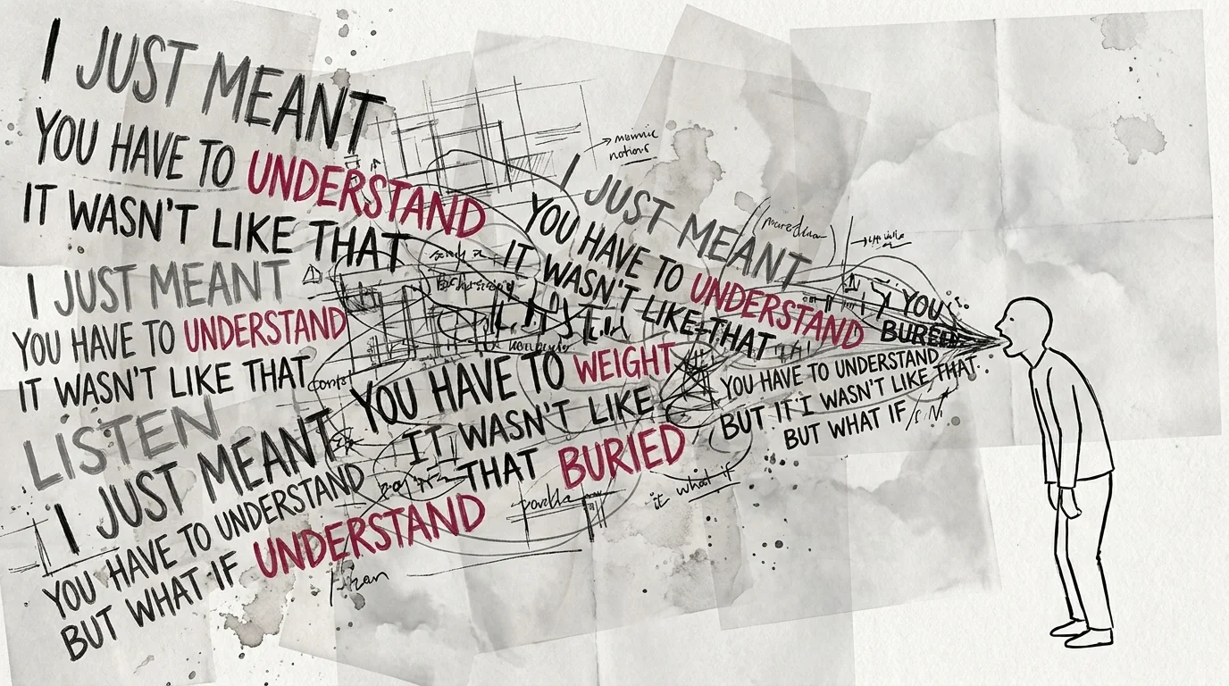 An illustration showing a person overwhelmed by a tangled cloud of their own words and justifications.