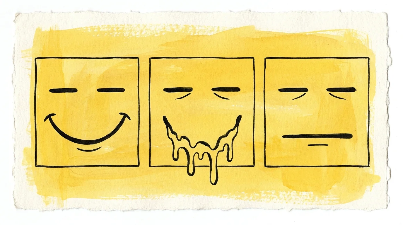 An illustration showing three stages of a fake smile quickly fading into a neutral, cold expression.