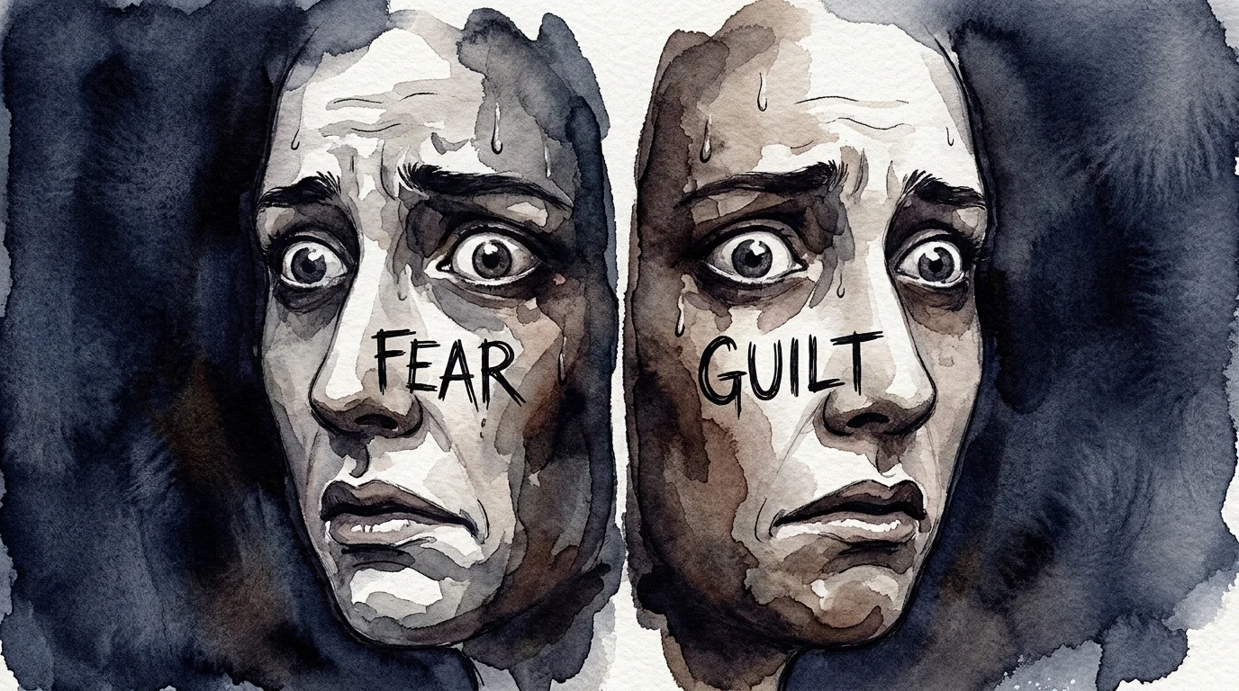 An illustration showing two identical faces labeled 'Fear' and 'Guilt,' representing the difficulty of telling them apart.
