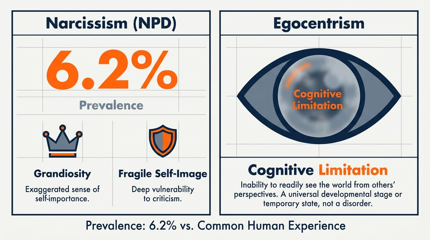An infographic comparing Narcissism (6.2% prevalence) and Egocentrism (a common cognitive limitation).
