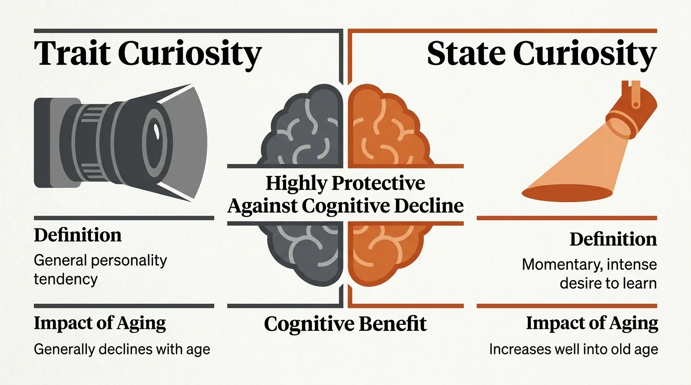 An infographic comparing Trait Curiosity and State Curiosity, highlighting how focused interest grows with age.
