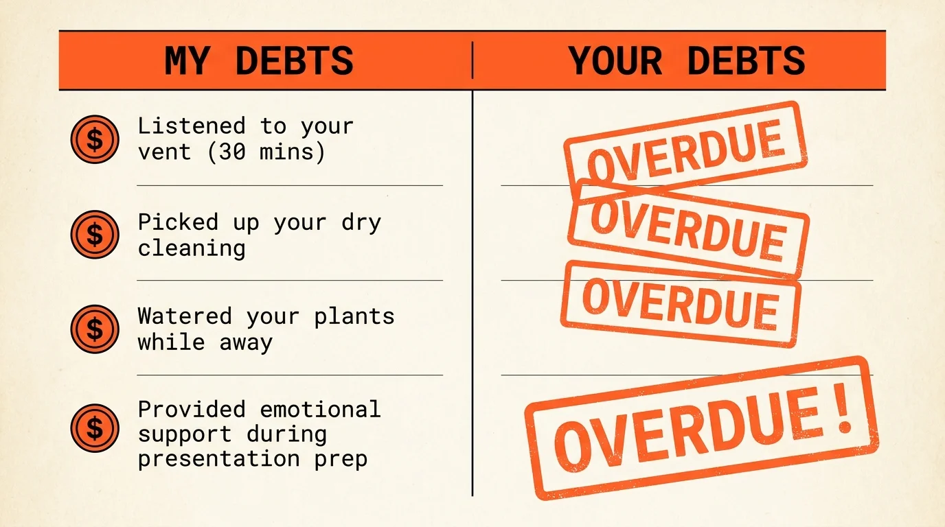 An infographic designed like a financial ledger, tracking emotional favors as if they were monetary debts.