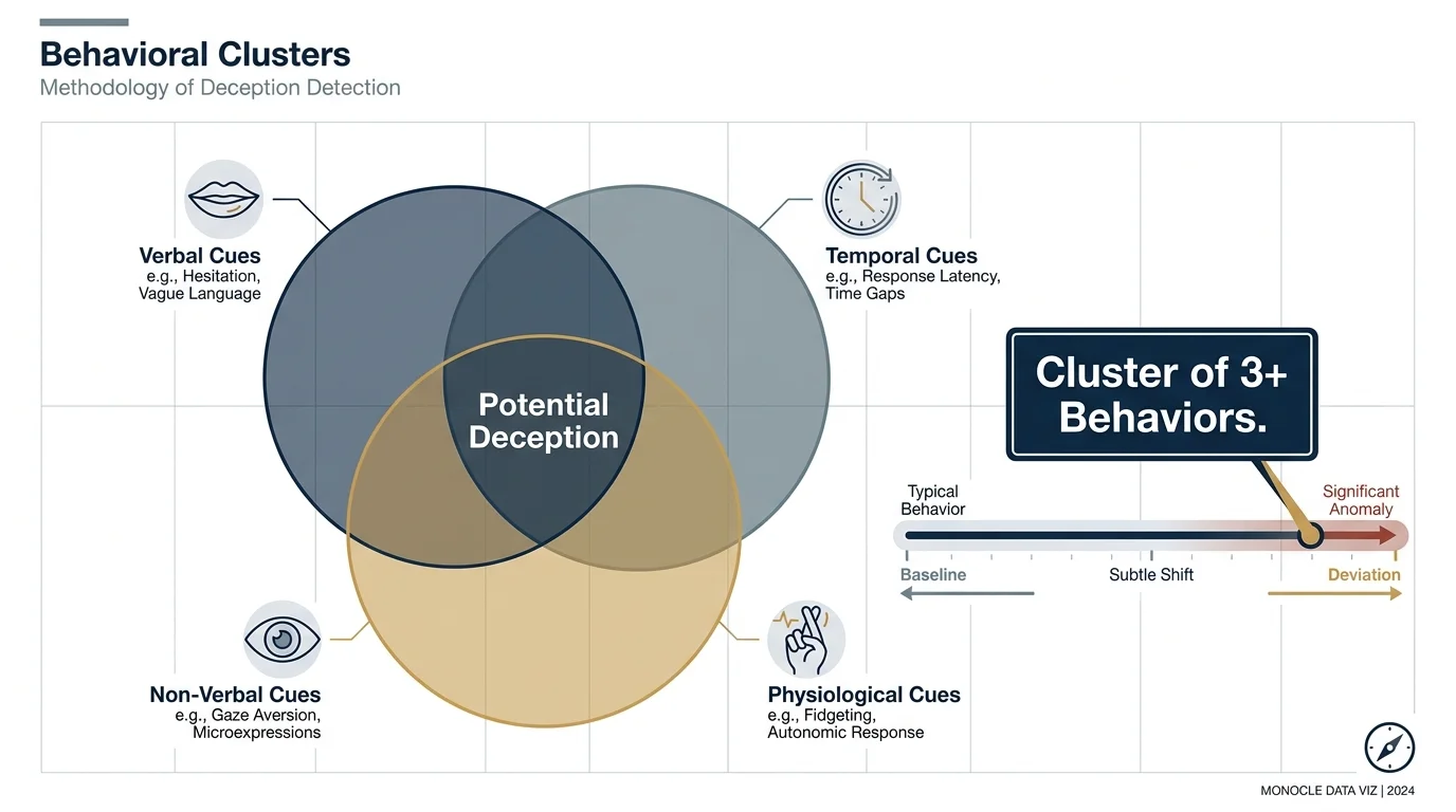 An infographic explaining the concept of behavioral clusters, requiring three or more deviations from a baseline to suspect a lie.