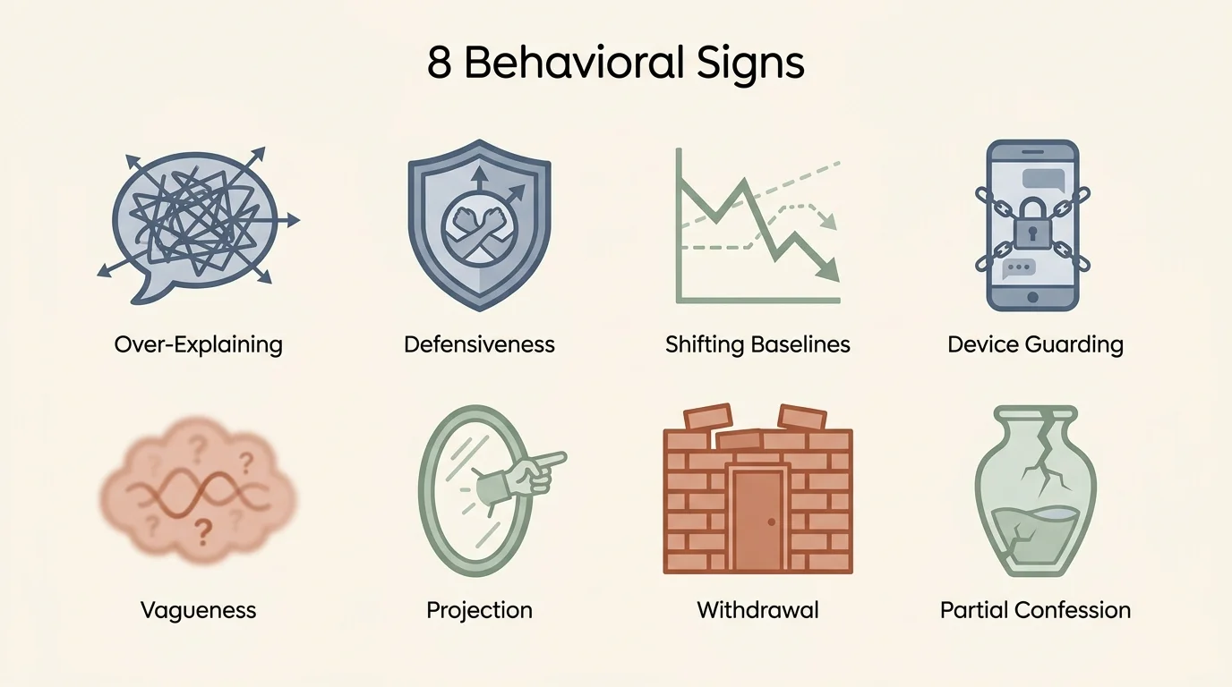 An infographic layout with eight icons representing signs of secrecy, including a shield, a locked phone, and a brick wall.