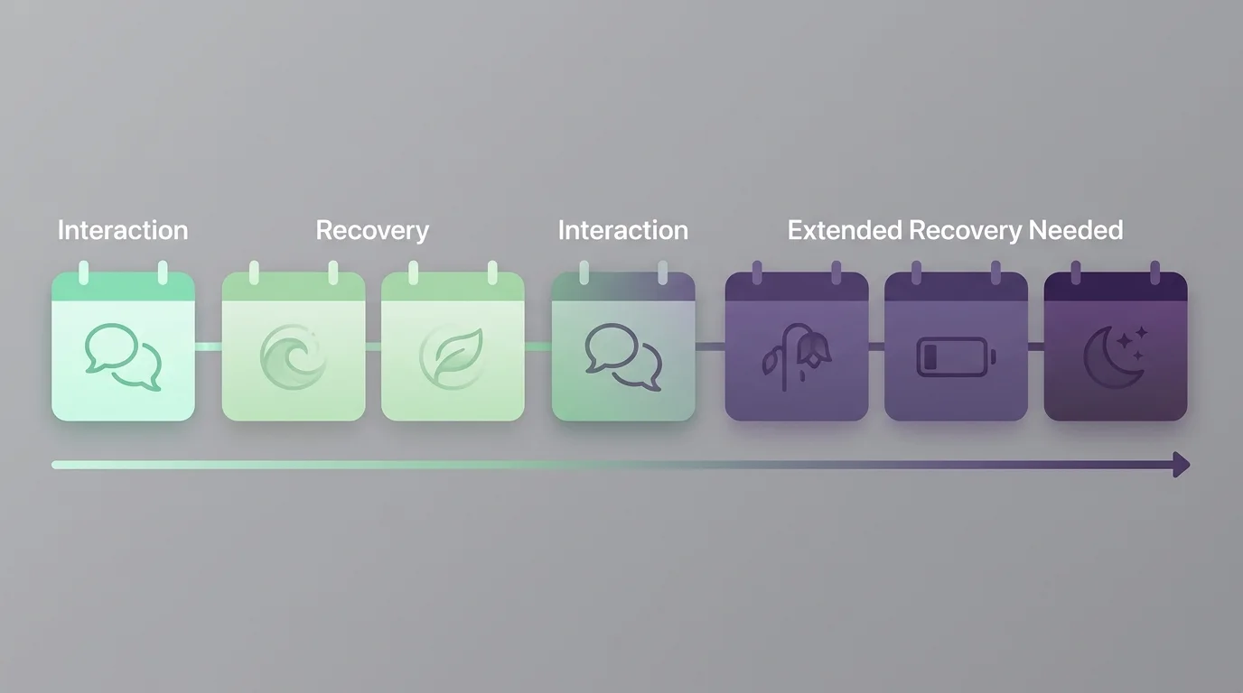 An infographic showing a calendar where the 'recovery' time between social interactions grows longer over time.