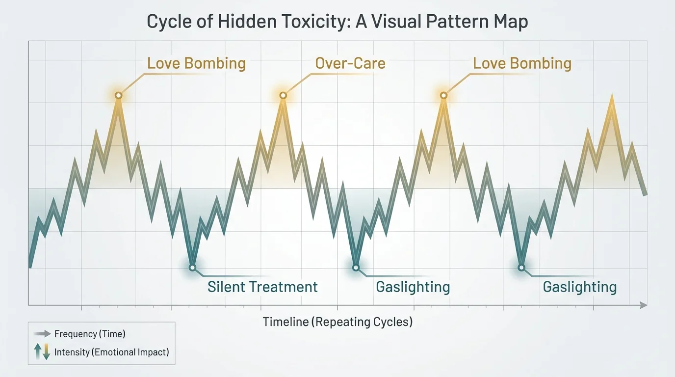An infographic showing a jagged timeline of the repetitive cycle of toxic behavior in a relationship.
