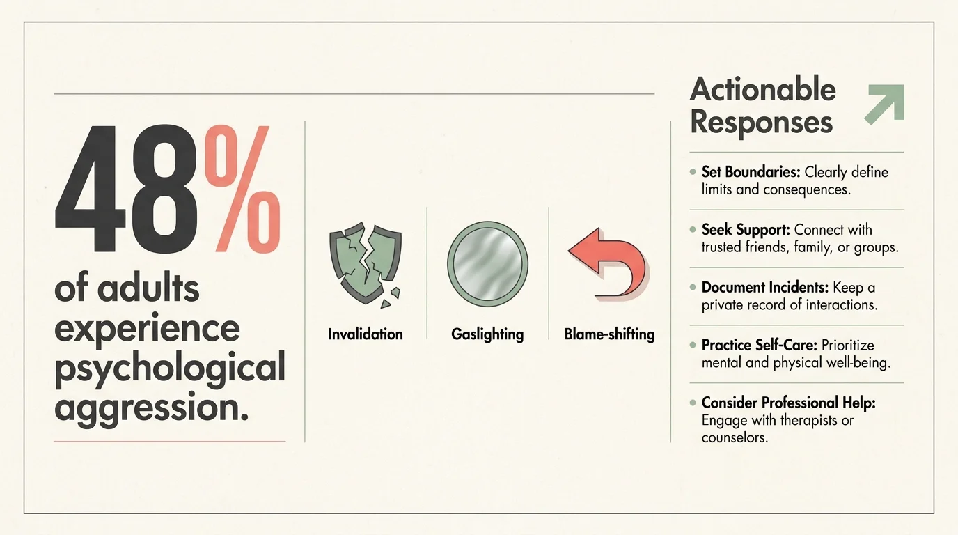 An infographic showing that 48 percent of adults face psychological aggression, with icons for invalidation, gaslighting, and blame-shifting