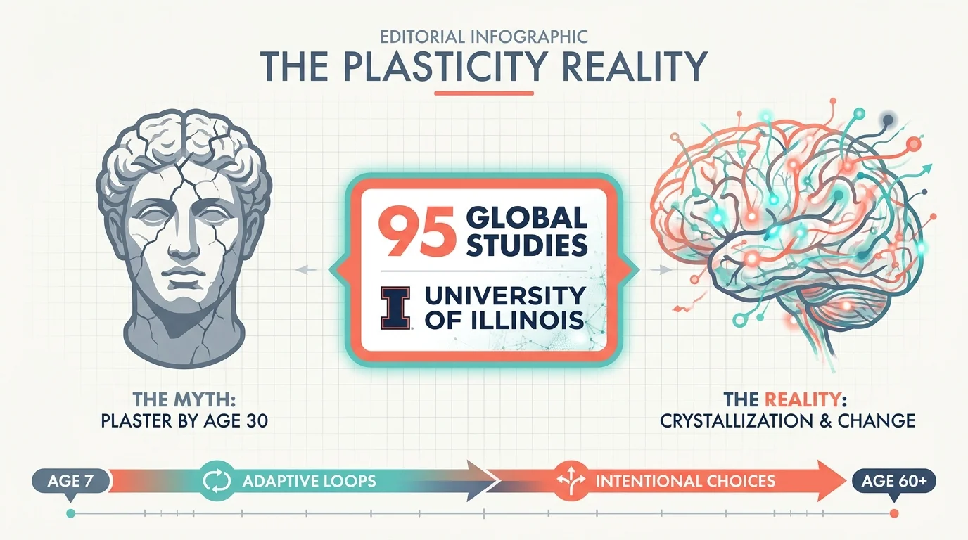 An infographic showing the myth of fixed personality at 30 versus the reality of lifelong change.