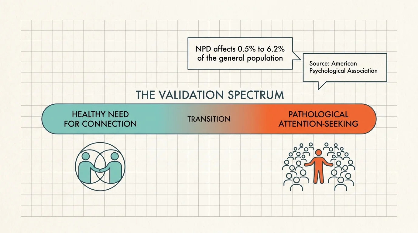 An infographic showing the spectrum from healthy connection to pathological attention-seeking, citing APA statistics.