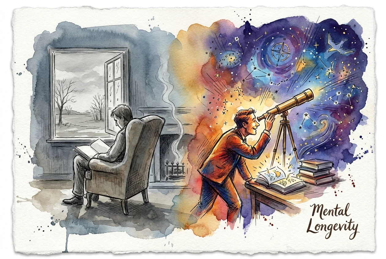 An ink and watercolor drawing showing a person moving from a grey, isolated state into a colorful world of exploration and stars.