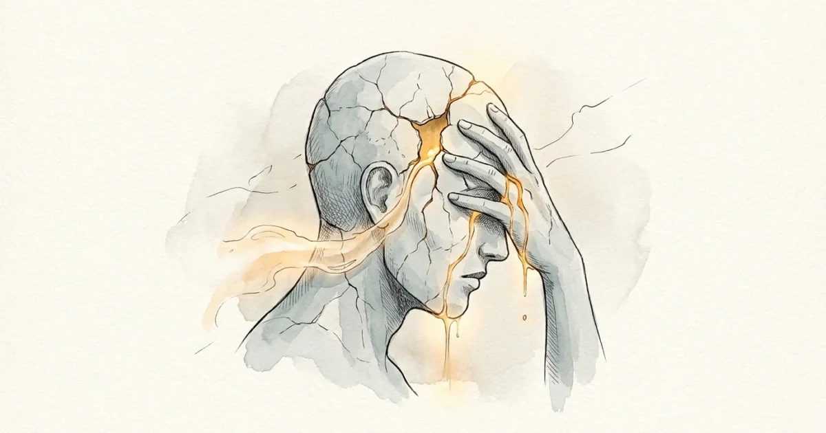 An ink and watercolor illustration of a human head cracking like stone, with golden light leaking through the fissures.