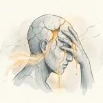 An ink and watercolor illustration of a human head cracking like stone, with golden light leaking through the fissures.