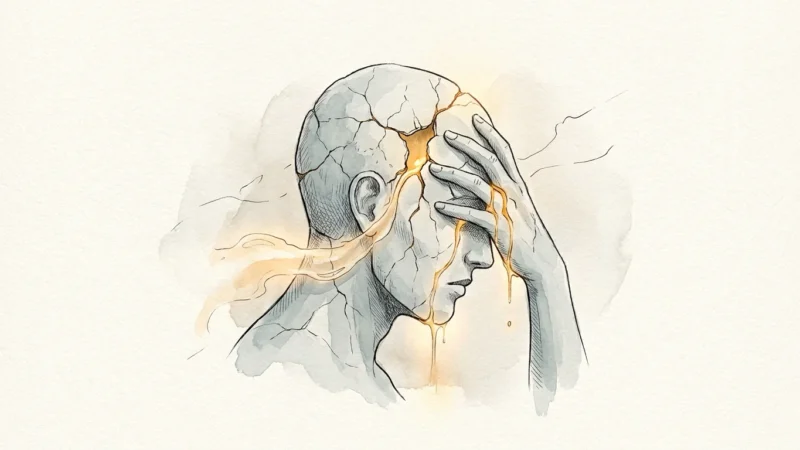 An ink and watercolor illustration of a human head cracking like stone, with golden light leaking through the fissures.