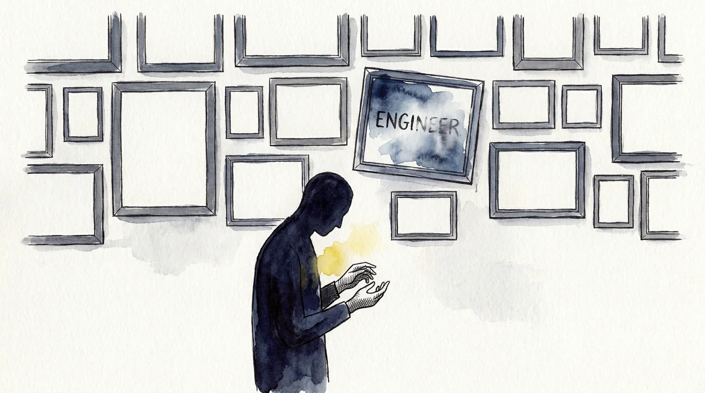 An ink and watercolor illustration of a person standing before empty frames, representing the loss of a professional title.