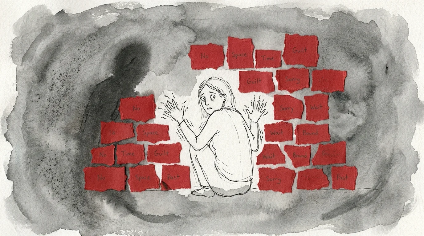 An ink drawing of a person building a wall of red paper scraps labeled 'No' and 'Space', looking conflicted and guilty.