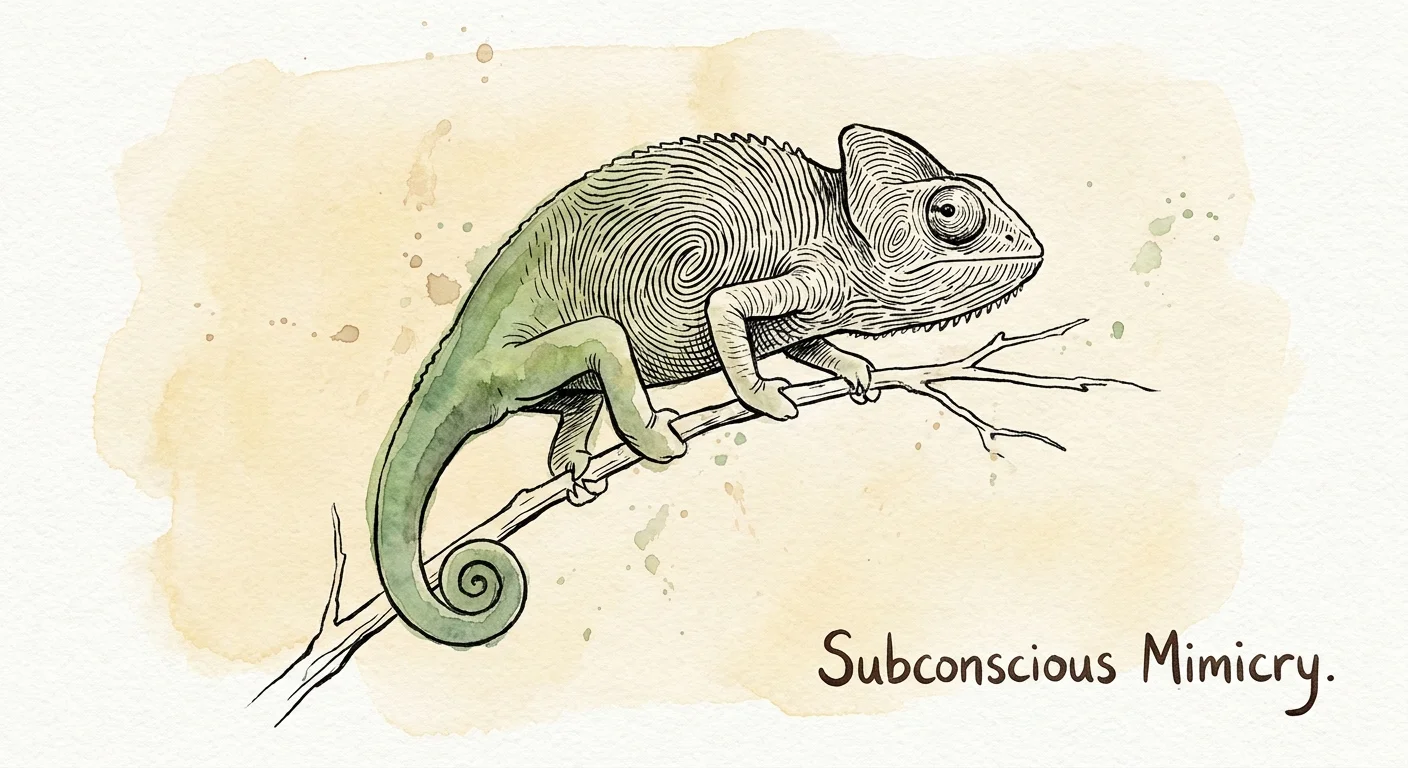 An ink illustration of a chameleon whose skin pattern is turning into a human fingerprint, symbolizing personality mirroring.