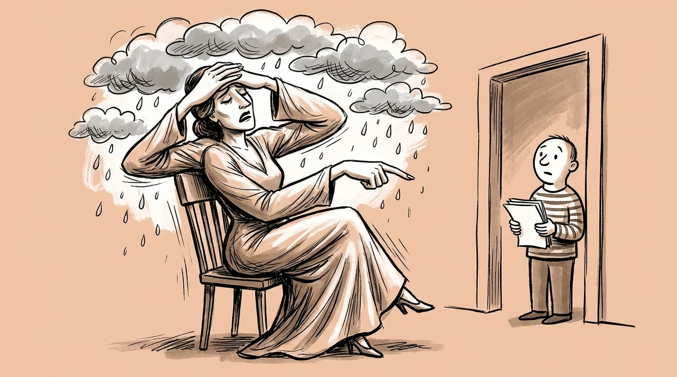 An ink illustration of a person in a theatrical fainting pose pointing an accusing finger at someone else.