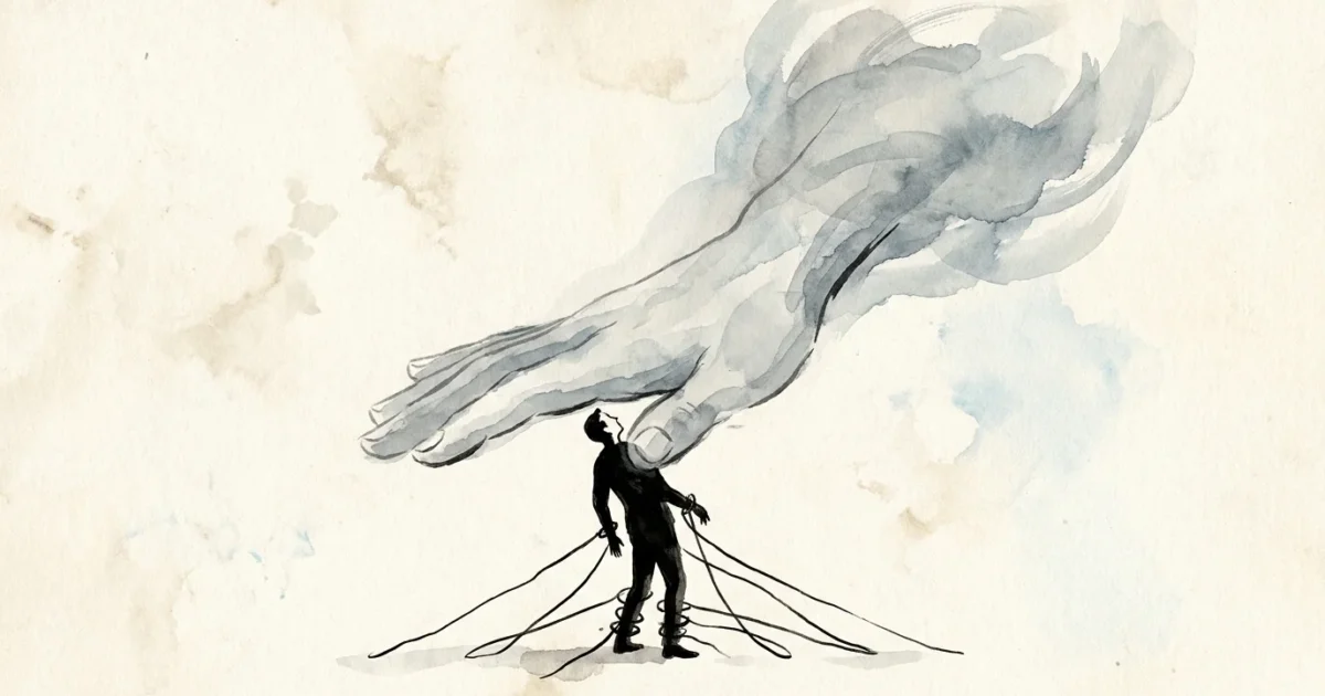 An ink illustration of a person weighed down by a giant smoky hand and seven thin wire-like lines coiling around their limbs.