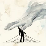 An ink illustration of a person weighed down by a giant smoky hand and seven thin wire-like lines coiling around their limbs.