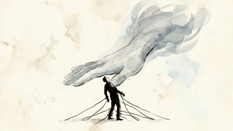 An ink illustration of a person weighed down by a giant smoky hand and seven thin wire-like lines coiling around their limbs.