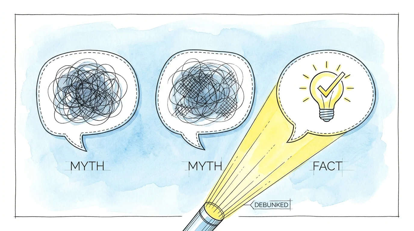 An ink illustration showing a searchlight illuminating a clear lightbulb icon while leaving dark myths in the shadows.